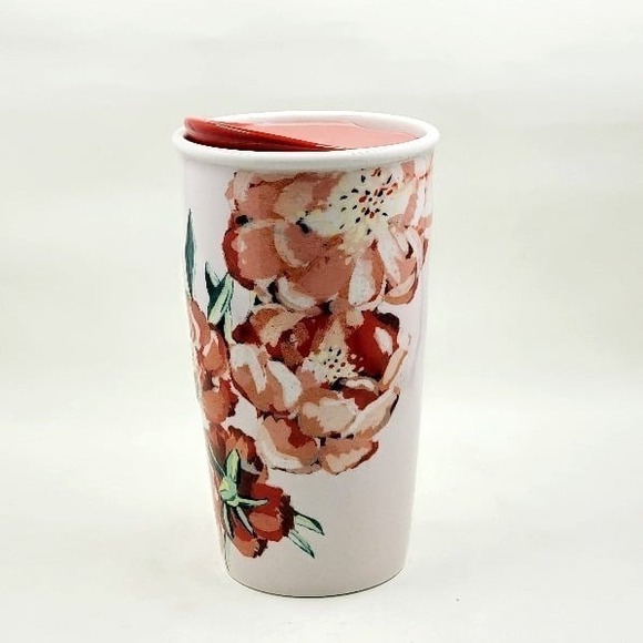 Starbucks Other - Starbucks Ceramic Travel Mug Red Pink Rose Floral 10oz